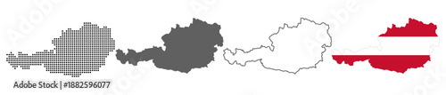 Austria map set with dotted solid outline and flag style vector illustration