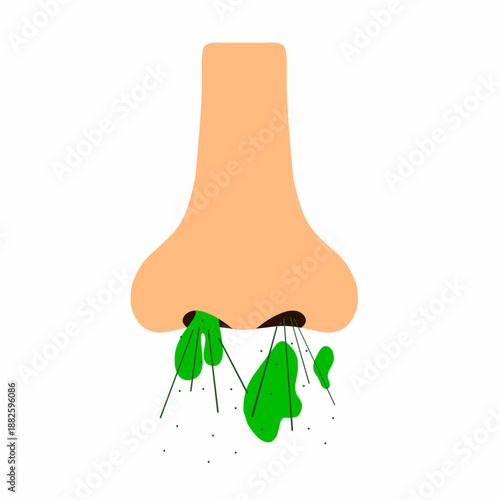 Sneezing nose with mucus coming out on a white background. Health, flu, sneezing concept. Vector illustration.