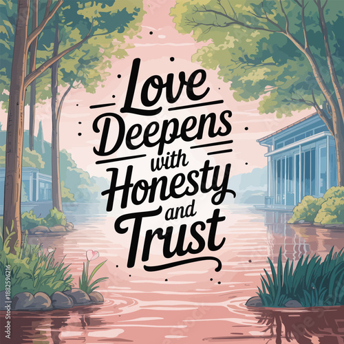 Love deepens with honesty and trust: a serene lakeside view with inspiring typography
