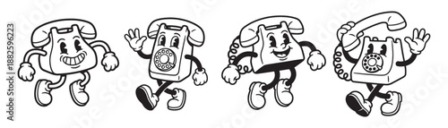 Retro Rotary Telephone Mascot Characters Set
