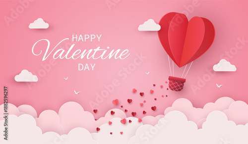 happy valentines day with hearts ballon and clouds on pink poster card background. love card from February 14. vector illustration paper art design.