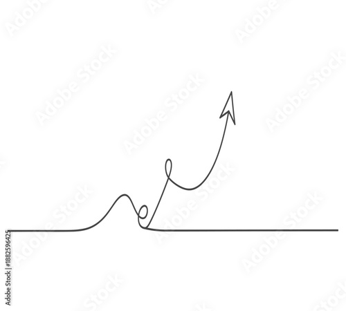 A single line drawing depicts an upward arrow with a dip symbolizing progress and resilience