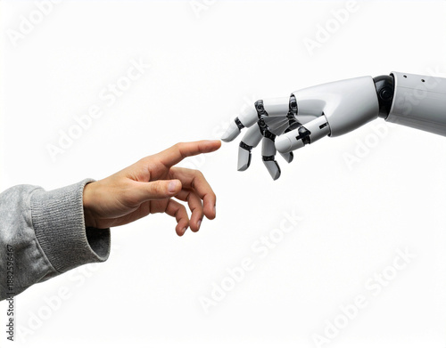 human hands and robot about to touch, a modern Creation of adam concept, white background.