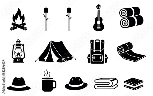 Solid camping icons set featuring a campfire, tent, backpack, and s'mores for outdoor adventures