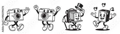 Camera Mascot Characters in Classic 1930s Animation Style