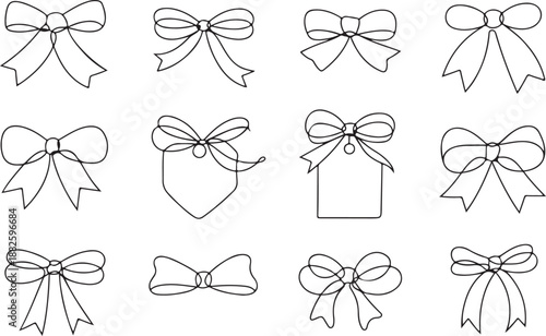 Line gift bow. Thin twine for gift parcel wrap, black line rope cord with simple knot and bow ribbons, price tags for birthday or Christmas present package decoration. Vector doodle nodes set