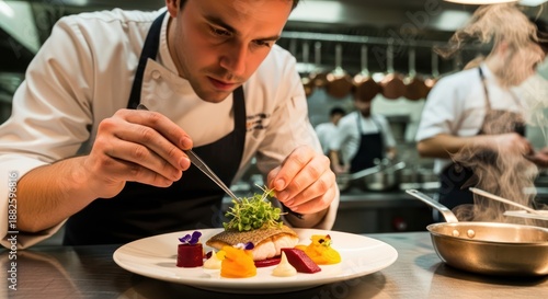 Chef meticulously plating a gourmet dish with artistic precision in a bustling kitchen environment