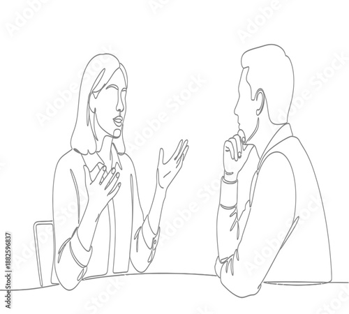 A simple line drawing depicts a woman and man in a conversational setting