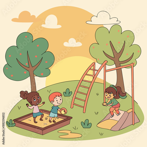 Diverse Children Playing in Park at Golden Hour