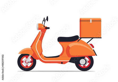 Orange Delivery Scooter Vector Illustration. Fast Food Courier Motorbike with Cargo Box Isolated on White Background.