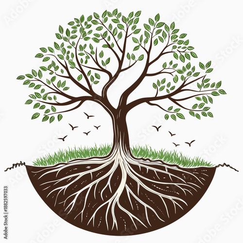 Tree Growing from Earth Hemisphere Outline Vector Icon