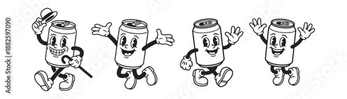 Soda Beverage Can Mascot Characters in 1930s Cartoon Style