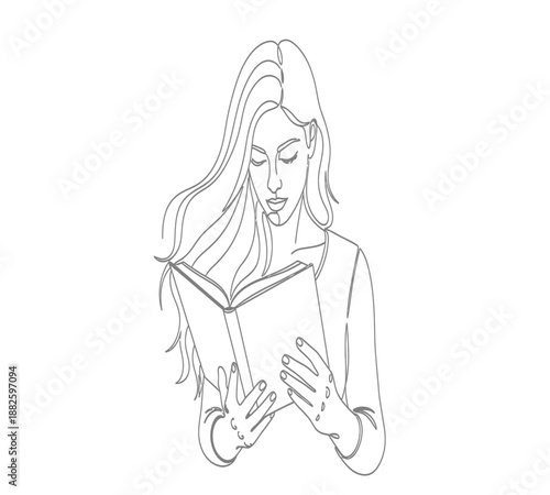A serene line drawing depicts a young woman peacefully absorbed in reading a book