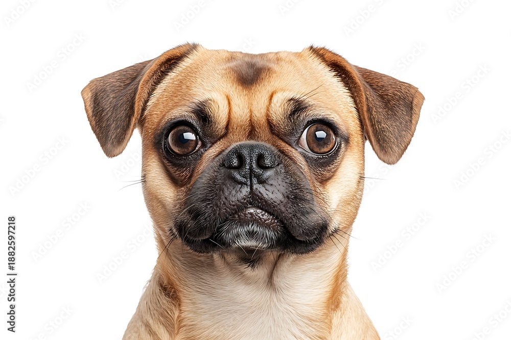 Fototapeta premium Adorable pug mix with expressive eyes posing against a white background