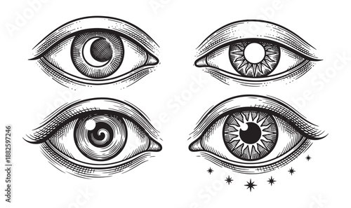 Set of Four Stylized Human Eyes with Celestial Details