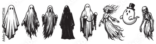 Halloween Character Set Featuring Various Spooky Ghosts Skeletons and Grime Reaper Silhouettes