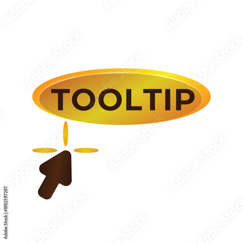 Golden Glossy Oval Tooltip Label Element with Dark Brown Mouse Cursor Click Icon Isolated on White Background Vector Illustration