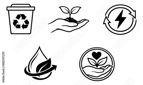 Simple line art ecology icon set featuring recycling, planting, renewable energy, and water conservation symbols for environmental awareness and sustainability projects