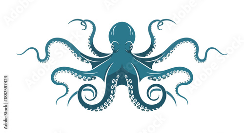 A stylized teal octopus with flowing tentacles, featuring swirling patterns and a symmetrical, majestic pose, representing marine life and the ocean's depths, perfect for aquatic themes and designs
