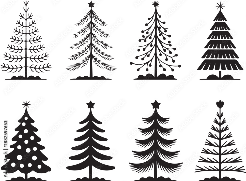 Obraz premium Set of four stylized hand drawn christmas trees with stars on top in black and white sketch style