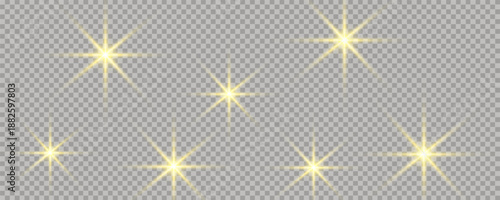 Set of lens flare light burst star effects overlay with golden glow rays on checkered PNG background. Editable vector illustration.eps.10