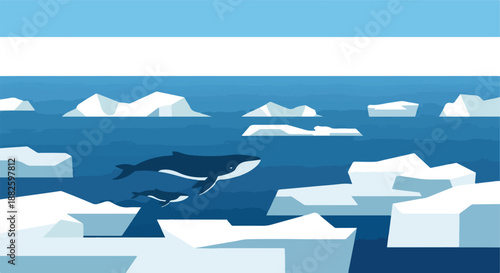 Whales swimming through icebergs in a serene arctic ocean, representing marine life and environmental beauty in polar regions and their conservation