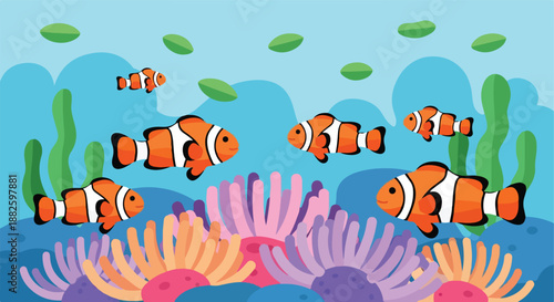 Vibrant undersea illustration capturing a bustling coral reef ecosystem, where playful clownfish gracefully navigate colorful anemones and lush marine flora