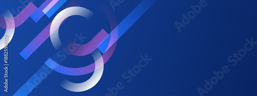 Professional dark blue background featuring glowing circular segments and sharp diagonal stripes