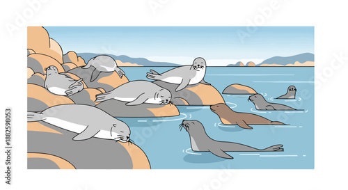Artistic illustration of a vibrant seal colony. Members are seen basking on sun-kissed coastal rocks and swimming gracefully in the clear ocean, highlighting marine life