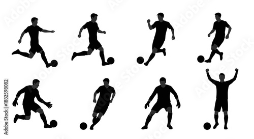 Collection of soccer player silhouettes in various dynamic poses.