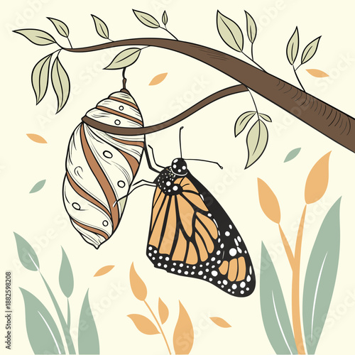 Butterfly Emerging from Cocoon Outline Vector Concept