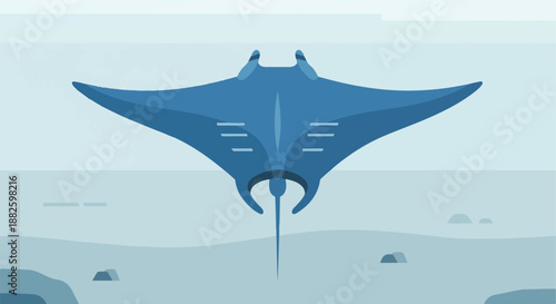 A majestic blue manta ray gracefully glides through the serene underwater world, showcasing its elegant wingspan and unique features in a tranquil marine environment