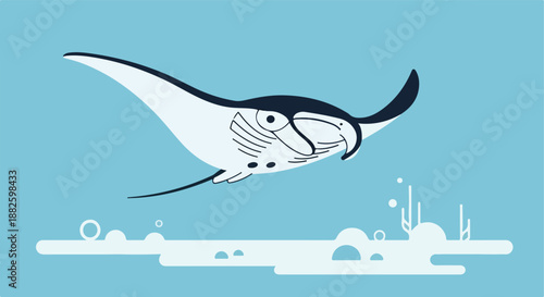 A majestic manta ray glides gracefully through the clear blue ocean waters, with delicate coral and bubbles adding to the serene underwater scene