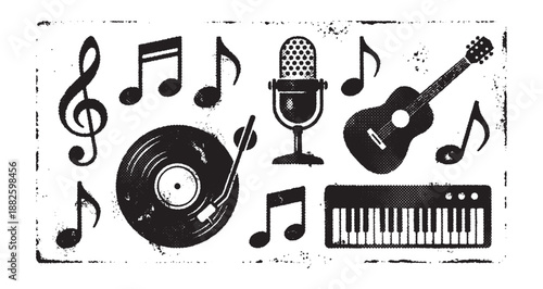 Music Icon Set Featuring Vinyl Record Guitar Keyboard and Studio Microphone