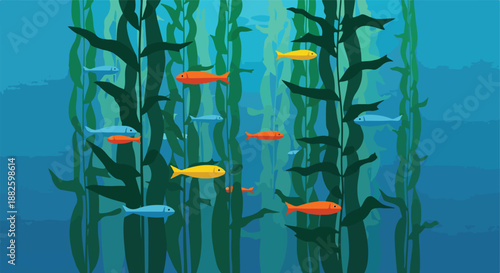 Vibrant underwater ecosystem featuring colorful fish gracefully navigating through a towering kelp forest, an illustration showcasing diverse marine life in a serene deep-sea environment