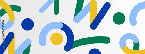 A dynamic and playful composition of thick curved lines and dots in blue green and yellow shades scattered across a light grey canvas