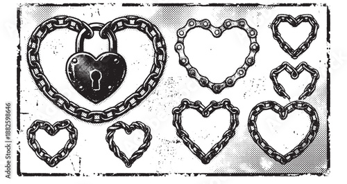Heart Shaped Chains with Padlocks Illustration Set in Black and White