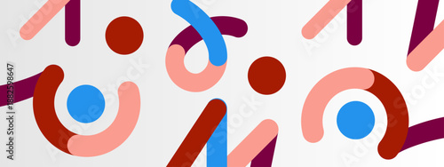 A stylish composition of thick strokes and circles in terracotta red and blue tones creating a warm and modern artistic abstract pattern