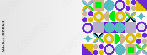 A sophisticated geometric pattern featuring purple teal and yellow tiles with various shapes organized in a grid on the right side of the frame