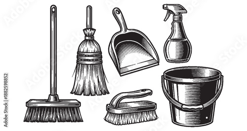 Household Cleaning Tools Set with Broom Bucket and Spray