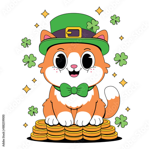 Lucky Cat in Leprechaun Hat Sitting on Gold Coins