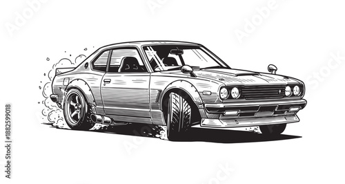 Modified Japanese Sport Coupe Drifting with Tire Smoke