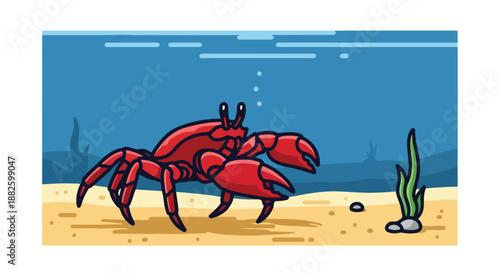 A vibrant red crab scuttles along the sandy seabed, surrounded by clear blue water, small bubbles, and underwater plants, showcasing marine life in its natural habitat