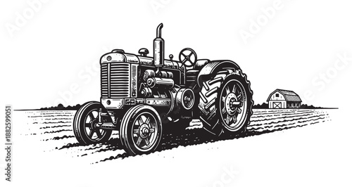 Classic Farm Tractor in an Open Field with Barn