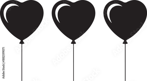Three black heart shaped balloons floating silhouette