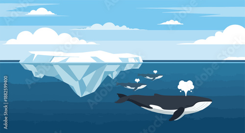Majestic killer whale family gracefully swims through serene blue polar waters, passing a colossal iceberg under a clear sky, showcasing arctic marine life