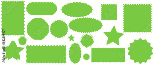 Set of green label shapes representing various designs and sizes for product pricing and promotion offering wide range for branding needs with marketing strategy