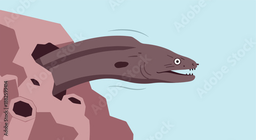 Curious moray eel peeking from its rocky underwater hideout, a vibrant cartoon illustration capturing the intriguing aquatic life and the mystery of the deep sea