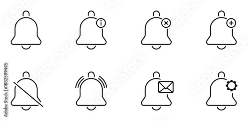 Set of notification bell vector icons in outline style alert reminder sign symbol button app ui interface element message new isolated on white background