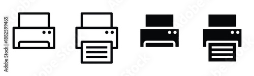 Set of Printer Machine Icon in Filled and Outline Design Style Depicting Printing Process, Device and Stationary Equipment Used in Office and Business in Simple Black and White Style